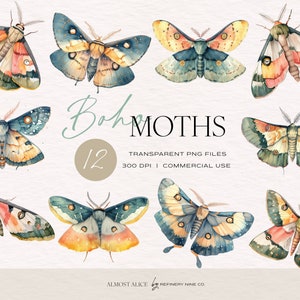Boho Motten, sofortiger Download, Aquarell Clipart, transparente PNG, kommerzielle Nutzung, Motte Grafiken, Aufkleber, Scrapbook, Journal