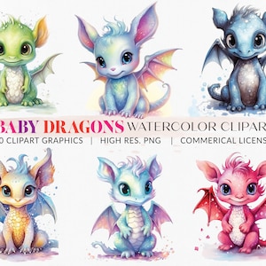 Baby Dragons Watercolor clipart - digital watercolor prints, digital download, instant download, PNG Files, personal + commercial use