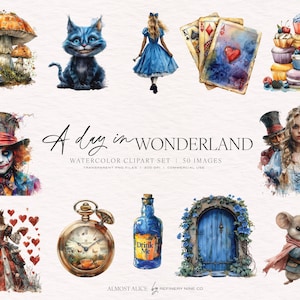 Ein Tag im Wunderland Aquarell Clipart, Tee-Party, Planer Aufkleber, weißes Kaninchen, verrückte Hutmacher, Königin des Herzens, Grinsekatze, verrückte Hutmacher