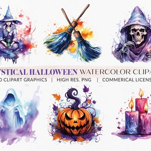 Mystical Halloween Watercolor clipart - digital watercolor prints, digital download, instant download, PNG Files, Personal + Commercial use