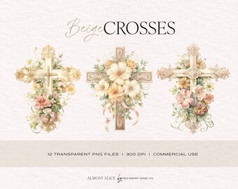 Beige Holiday Crosses Watercolor Clipart, Easter, Stationary, Communion, Confirmation, Religious, Spiritual, Transparent PNG, Commercial Use