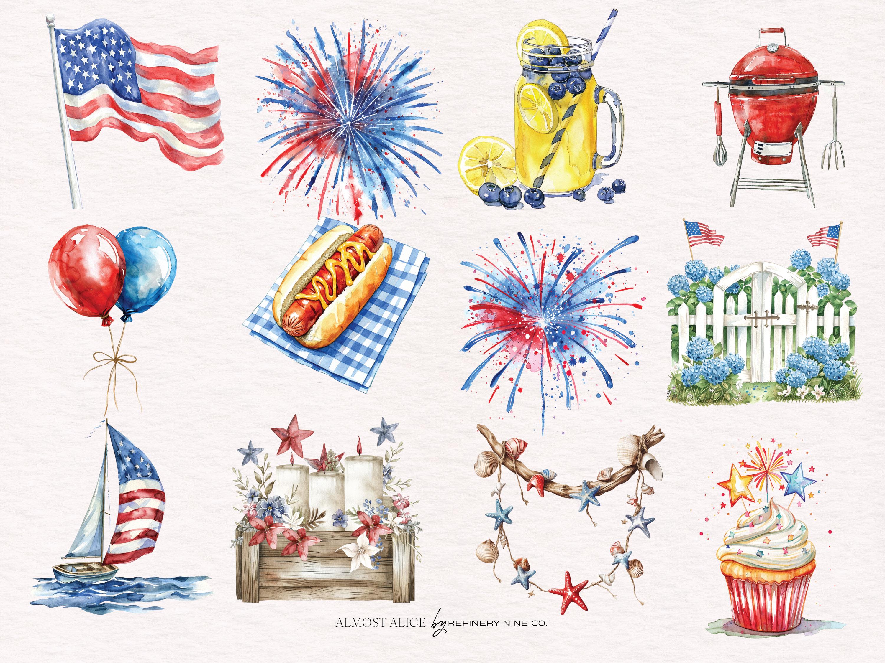 4th of July Watercolor Clipart Bundle: Patriotic Digital Art (digital ...