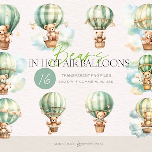 Teddyberen in groene hete lucht ballonnen clipart-aquarel kwekerij decor, afdrukbare kunst voor briefpapier & evenementen, 300dpi PNG