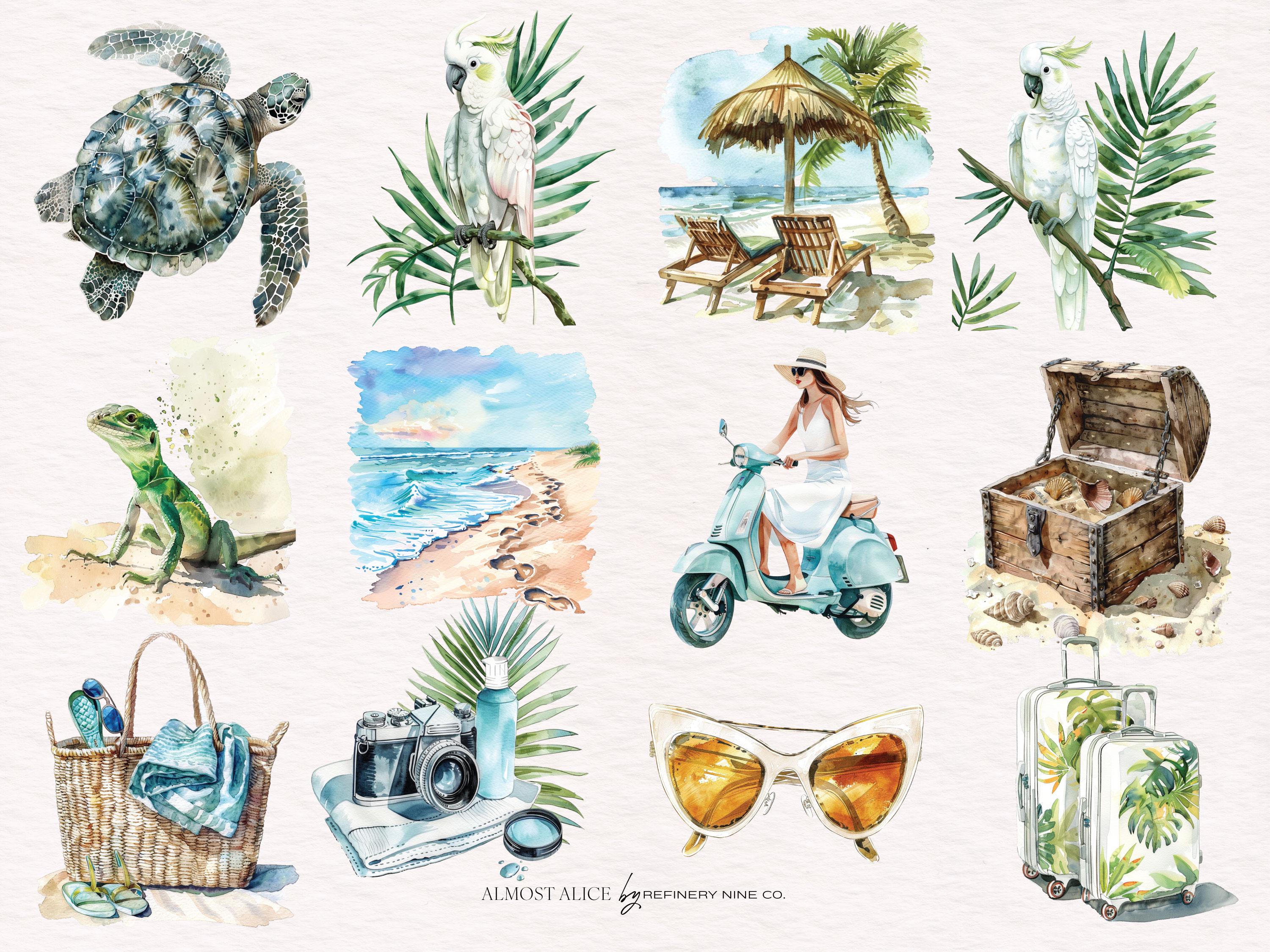 Tropical Summer Watercolor Clipart Bundle: Vacation PNG (commercial Use ...