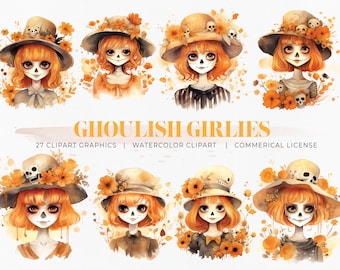 GHOULISH GIRLIES ORANGE - instant download, skull clipart, holiday, halloween, girls, png files, water color clipart,