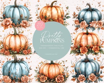 Clipart di zucche ad acquerello: grafica PNG autunnale, uso commerciale