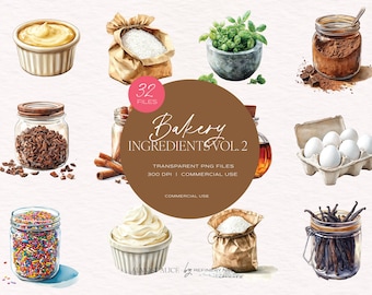 Vintage Baking Clipart Bundle: Watercolor Desserts & Tools (PNG, Commercial License)