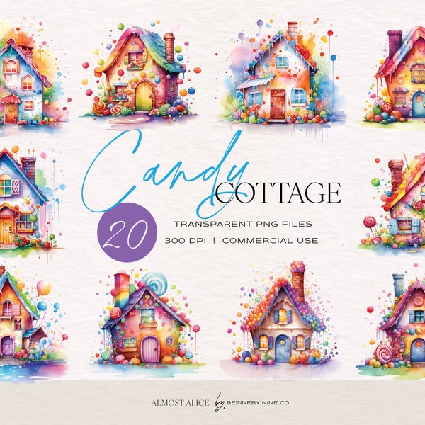 Candy Cottage, Watercolor Clipart, Rainbow Color, Magical, Whimsical, Stationary, WallArt, Sticker, Nursery, Transparent PNG, Commercial Use