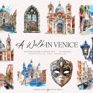 Venetië aquarel clipartbundel voor scrapbooking en junkjournaling, briefpapierontwerpelementen, digitale kunstset