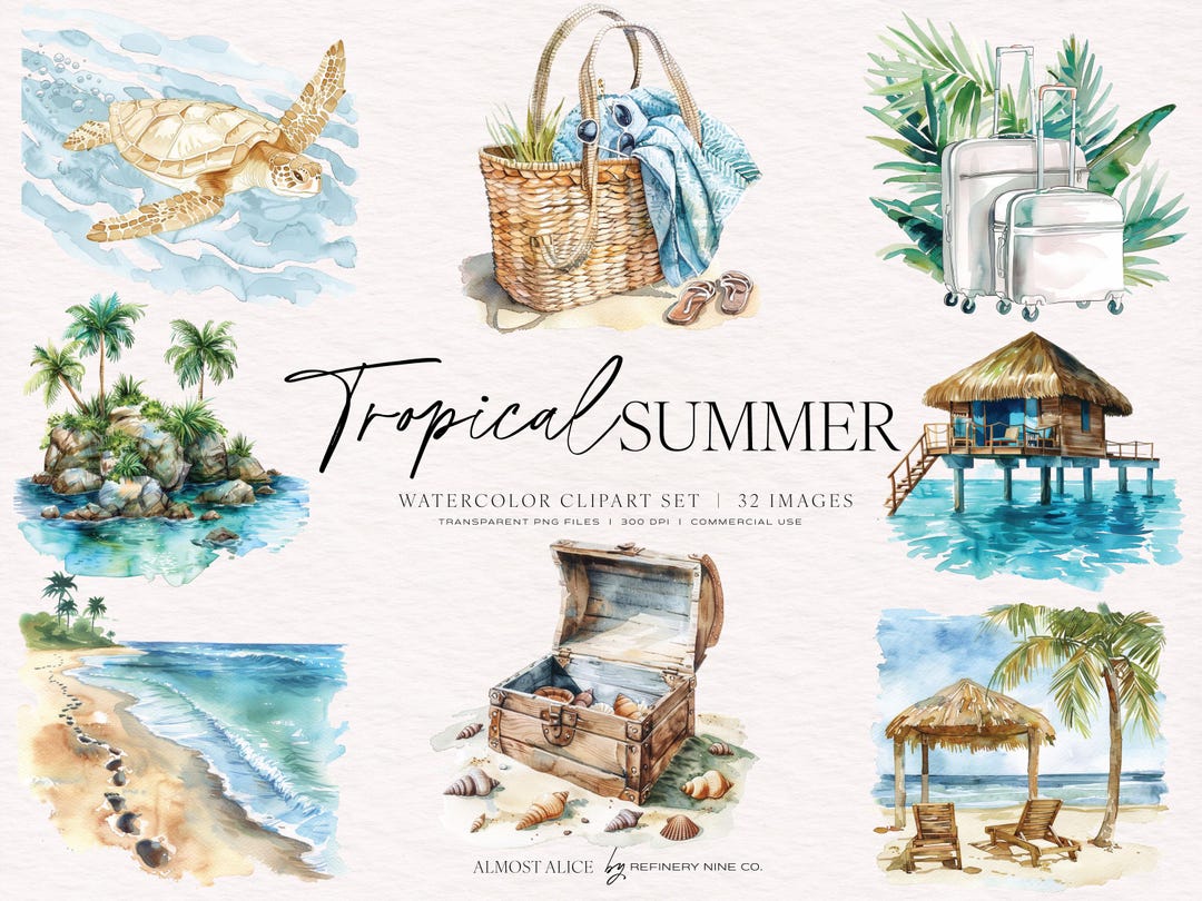 Tropical Summer Watercolor Clipart Bundle: Vacation PNG (commercial Use ...
