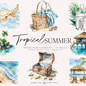Tropical Summer Clipart, Watercolor Bundle, Vacation Clipart, Destinations, Scrapbooking, Junk Journaling, Transparent PNG, Commercial Use