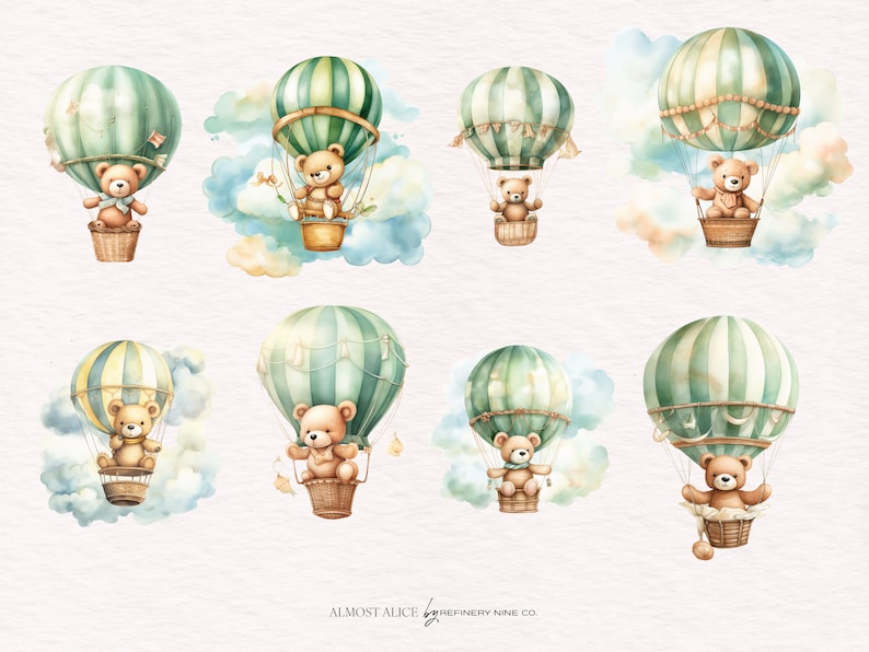 Teddy Bear Hot Air Balloon Clipart: Watercolor Nursery Art (300dpi PNG ...