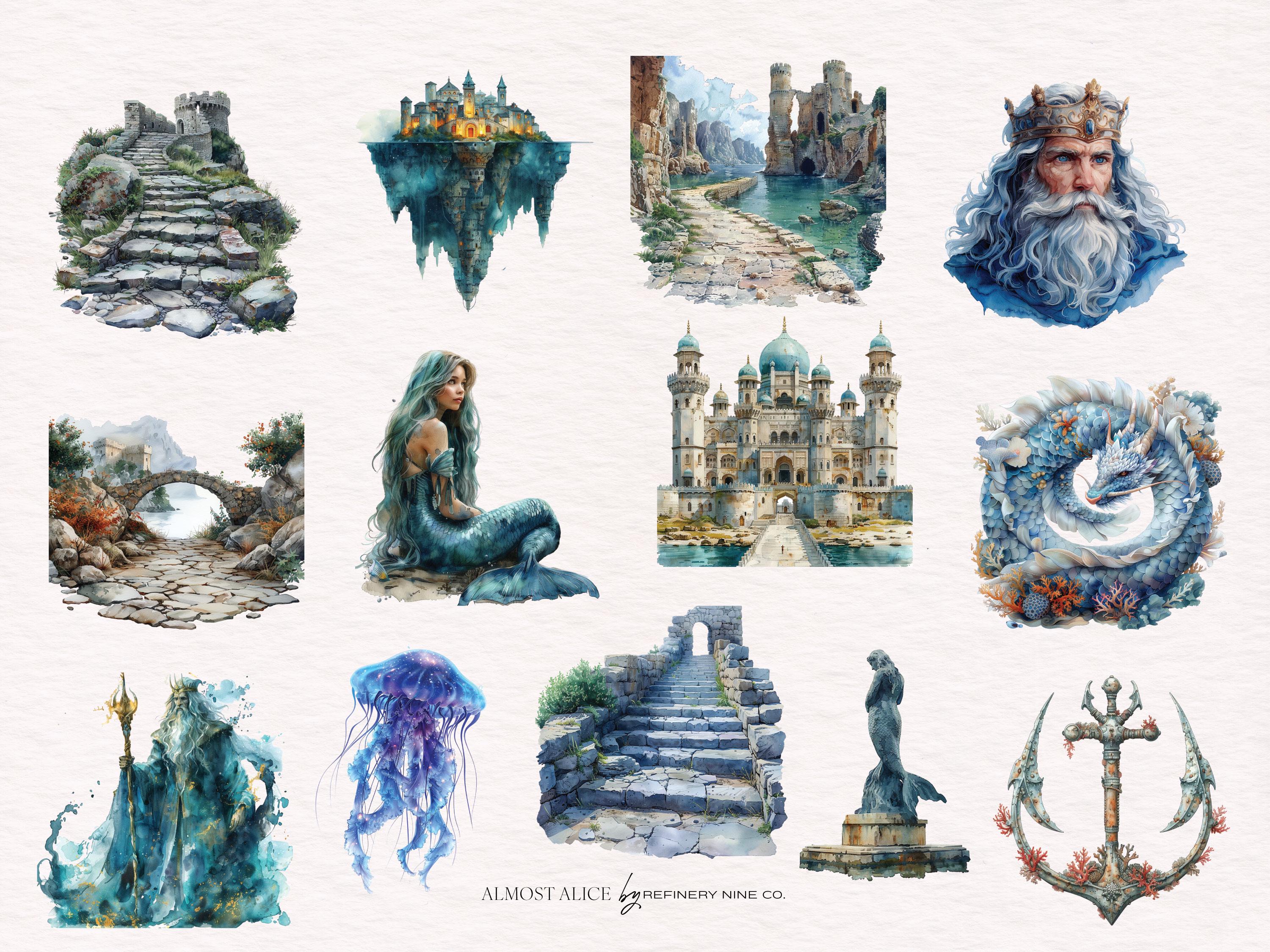 Atlantis Watercolor Clipart: Underwater City, Sea Creatures (digital ...
