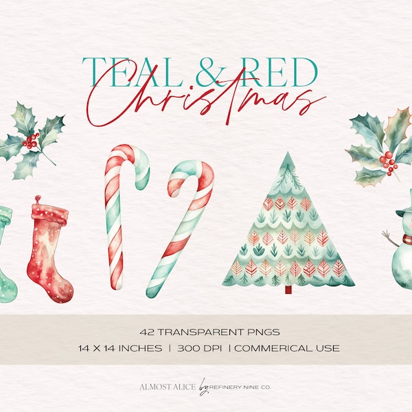 Teal & Red Christmas Clipart, Watercolor clipart, Christmas, Solstice, Scrapbooking, Designer, Stationary, Seasons, Holiday, Transparent PNG