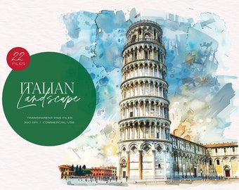 Toscane aquarel clipart: Italiaanse landschapskunst (digitale download)
