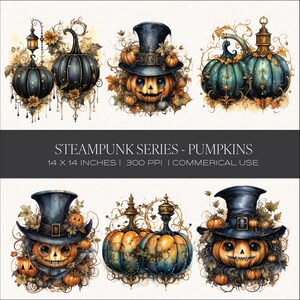Steampunk Pumpkins, watercolor clipart, halloween, scrapbook, planner, illustration, pumpkins, autumn, holiday
