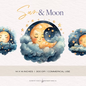 SUN & MOON, Nursery, Watercolor Clipart, Celestial, Transparent PNG, Scrapbook, Stationary, Wall Art