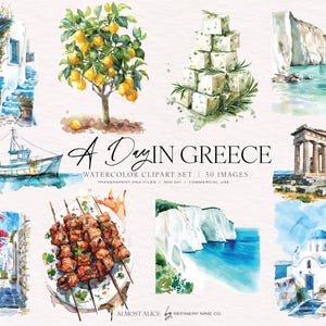 Une journée en Grèce, clipart été aquarelle, voyage, clipart citron, Grèce antique, vacances, cours, ruines grecques, Santorin, mer et océan