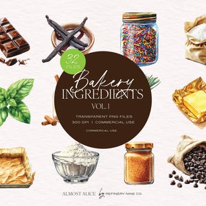 Vintage Baking Clipart Bundle - Watercolor PNGs, Mixer & Baking Tools, Desserts - Commercial License - Bakery Ingredients Vol.1