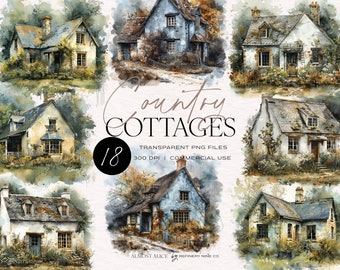 Watercolor Country Cottages Clipart, Stationary Design, Junk journaling, DIY Projects, Transparent PNG, Commercial Use
