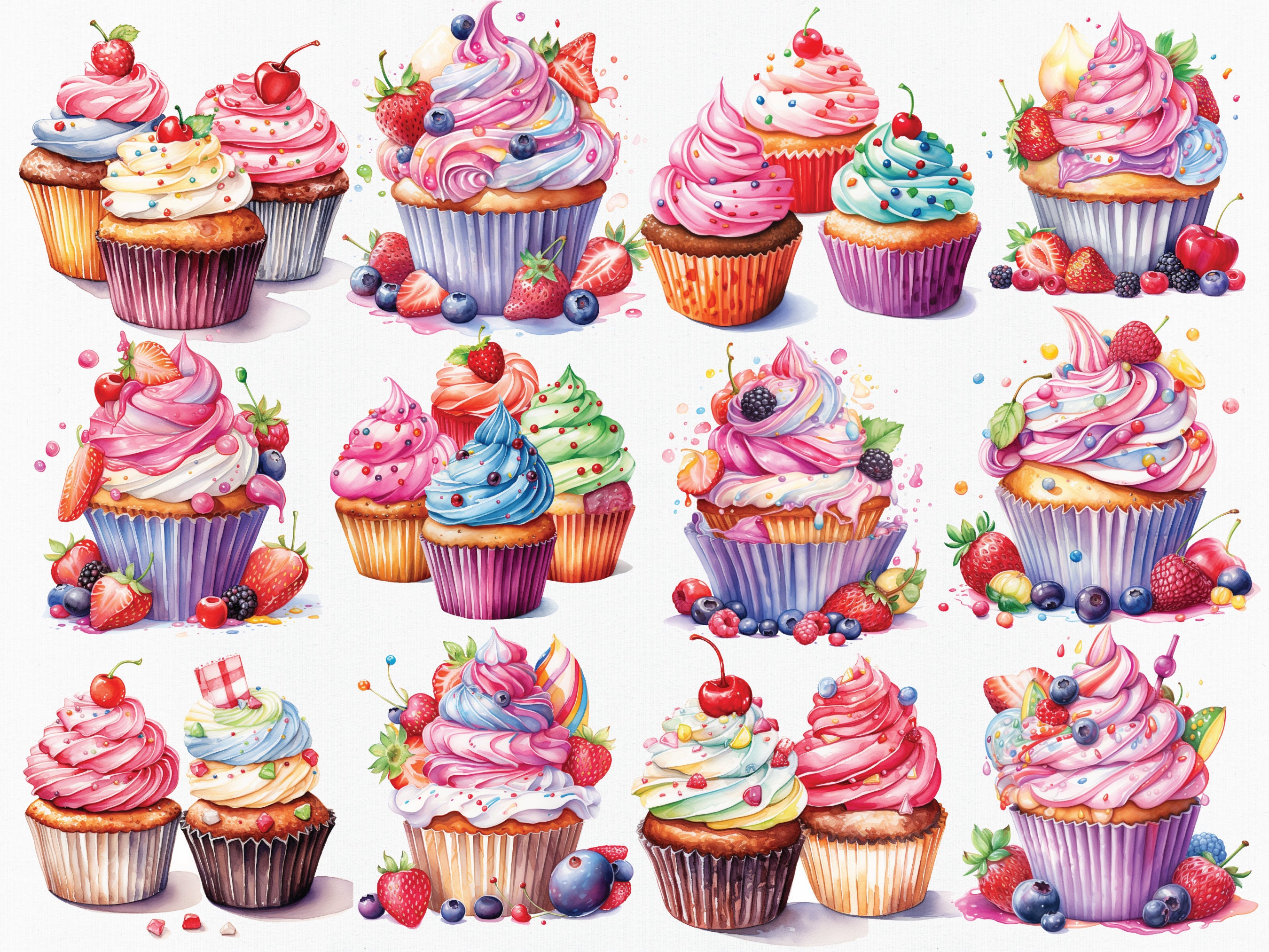 Watercolor Cupcakes Clipart: 30 PNG Files, Commercial Use (digital ...