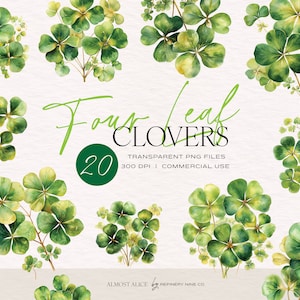 Vierblättriges Kleeblatt Aquarell Clipart, kommerzielle Nutzung, Blumenklee, Frühling, St. Patricks Day, gemaltes Aquarellgrün, transparente PNGs