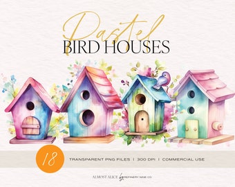 Pastel Wooden Bird Houses, Watercolor Clipart, Soft Tones, Springtime, Transparent PNG, Scrapbook, Junk Journal, Sticker,  Commercial Use