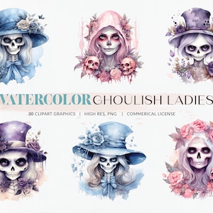 Watercolor Ghoulish Ladies Clipart: Spooky Digital PNG Files (Commercial Use)