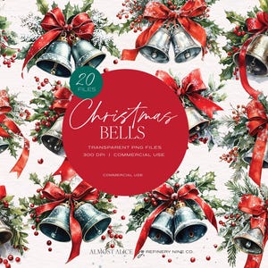 Watercolor Christmas Bells Clipart: Transparent PNG Stickers (Commercial Use)