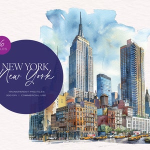 Pacchetto Clipart di New York City - PNG trasparenti per cancelleria, scrapbooking, adesivi per planner, diario di viaggio