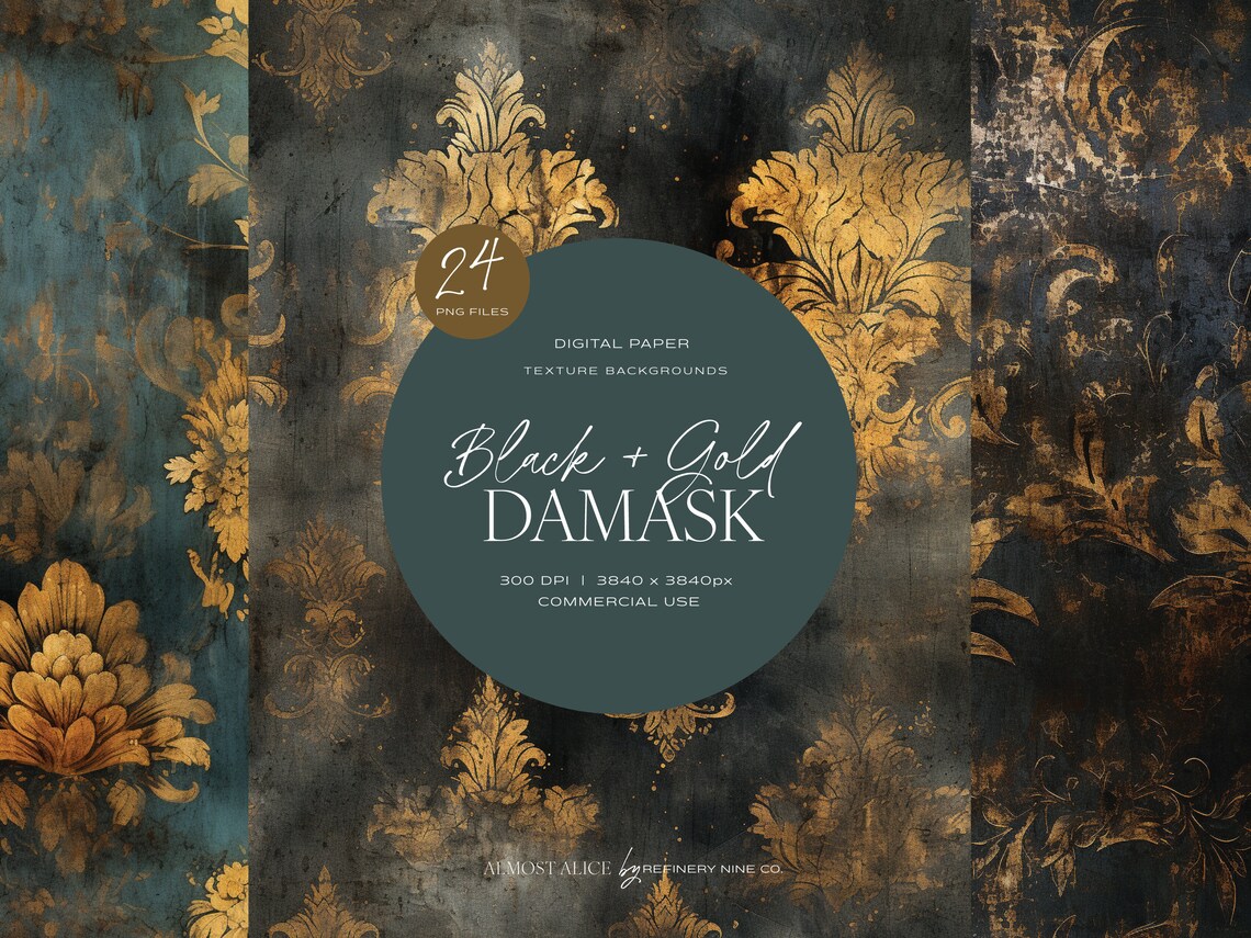 Black & Gold Damask Digital Paper: Luxurious Scrapbook Patterns ...