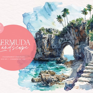 May include: Watercolor painting of a rocky cliff with a natural archway, palm trees, and a staircase leading down to the ocean. The water is a vibrant turquoise blue, and the sky is a soft blue with white clouds. The painting is titled "Bermuda Landscape" and includes the text "22 Files, Transparent PNG Files, 300 DPI, Commercial Use."