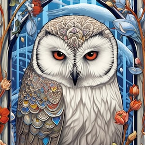 Arctic Owl w / Indigenous Flowers and Plants | Stainedglass Style 4:7 | Artful Wall Art For Posters Windows | Printable & Free Bonus Images