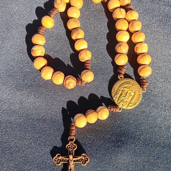 Holy Face Chaplet Made with Olivewood Beads, Silver Holy Face Medal, and Silver Crucifix