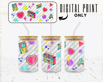 90s Colorful, Fun, Retro Feel - 16oz or 20oz Libbey glass coffee can wrap | Digital download | PNG
