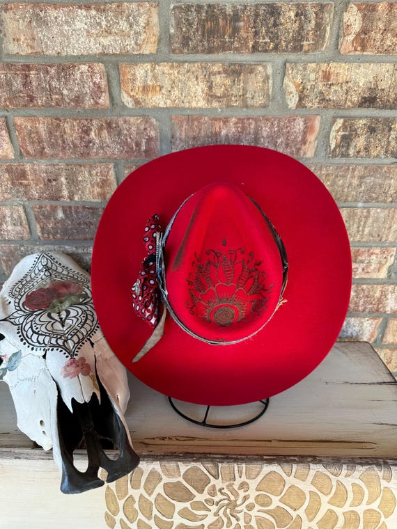 Branded Cowboy Hat, Burned Cowgirl Style, Red, Custom Band  display picture 2