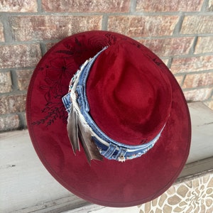 Hand Burned Fedora: Burgundy Boho Hat with Denim Band. Medium.