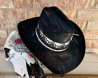 Black Cowgirl Hat - Western, Freehand Burned Design,  Distressed Hat, 7 1/4 Medium