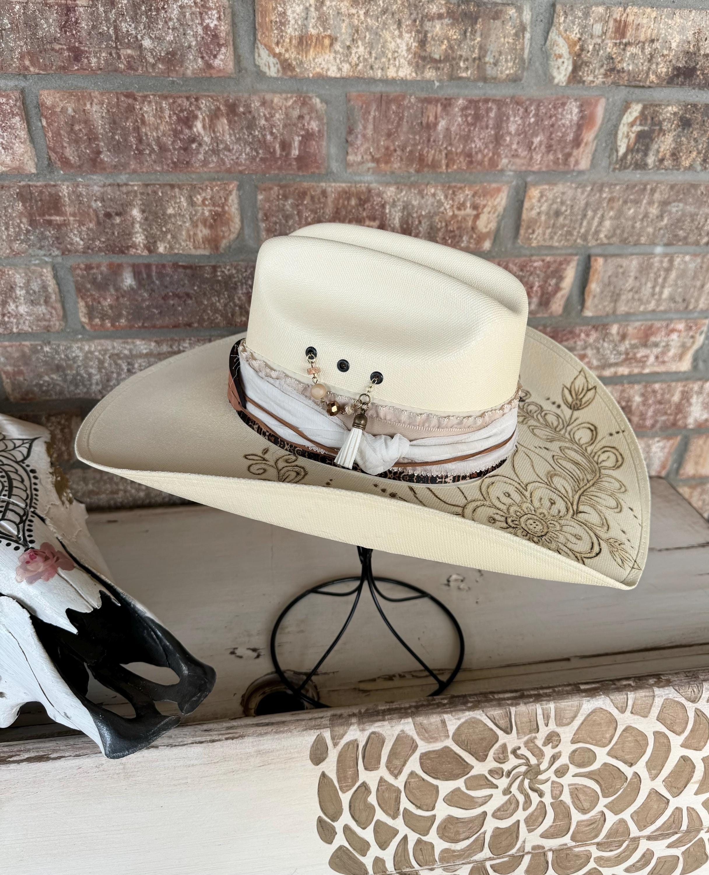 Ivory Rodeo Straw Cowboy Hat: Burned Floral, Freehand Design  display picture 1