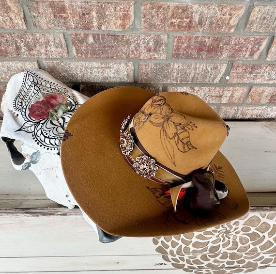 Hand Burned Cowboy Hat - Tobacco Cashmere Western Hat 