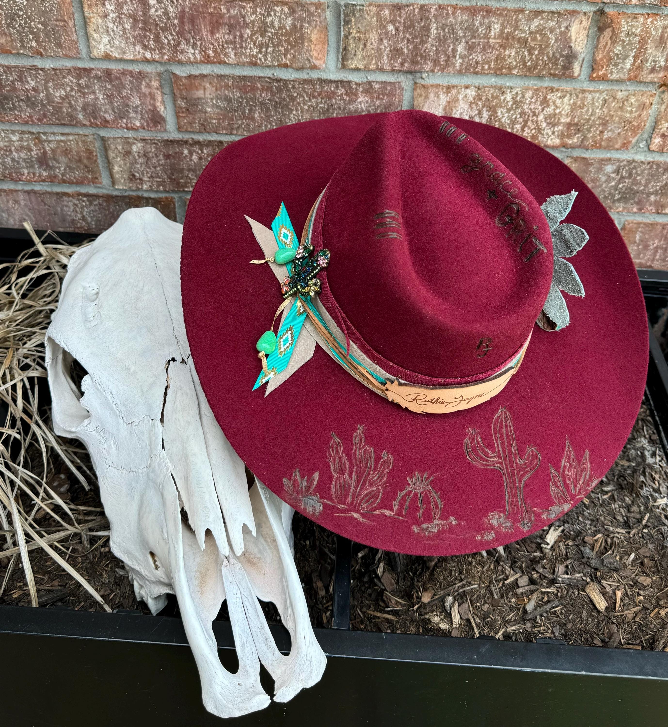 Burned Western Hat: Cowgirl Boho, Wool Blend. Medium  display picture 3