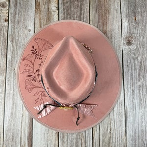 Flat Brim - Fedora- Wide Brim Hat - Custom Burned Hat - Burnt Hat - Spring - Western - Burn Hat- Fedora - Gift - TICKLED PINK