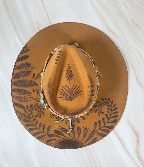 Wide Brim Burned Wool Hat: Western Floral Design - Etsy display picture 1
