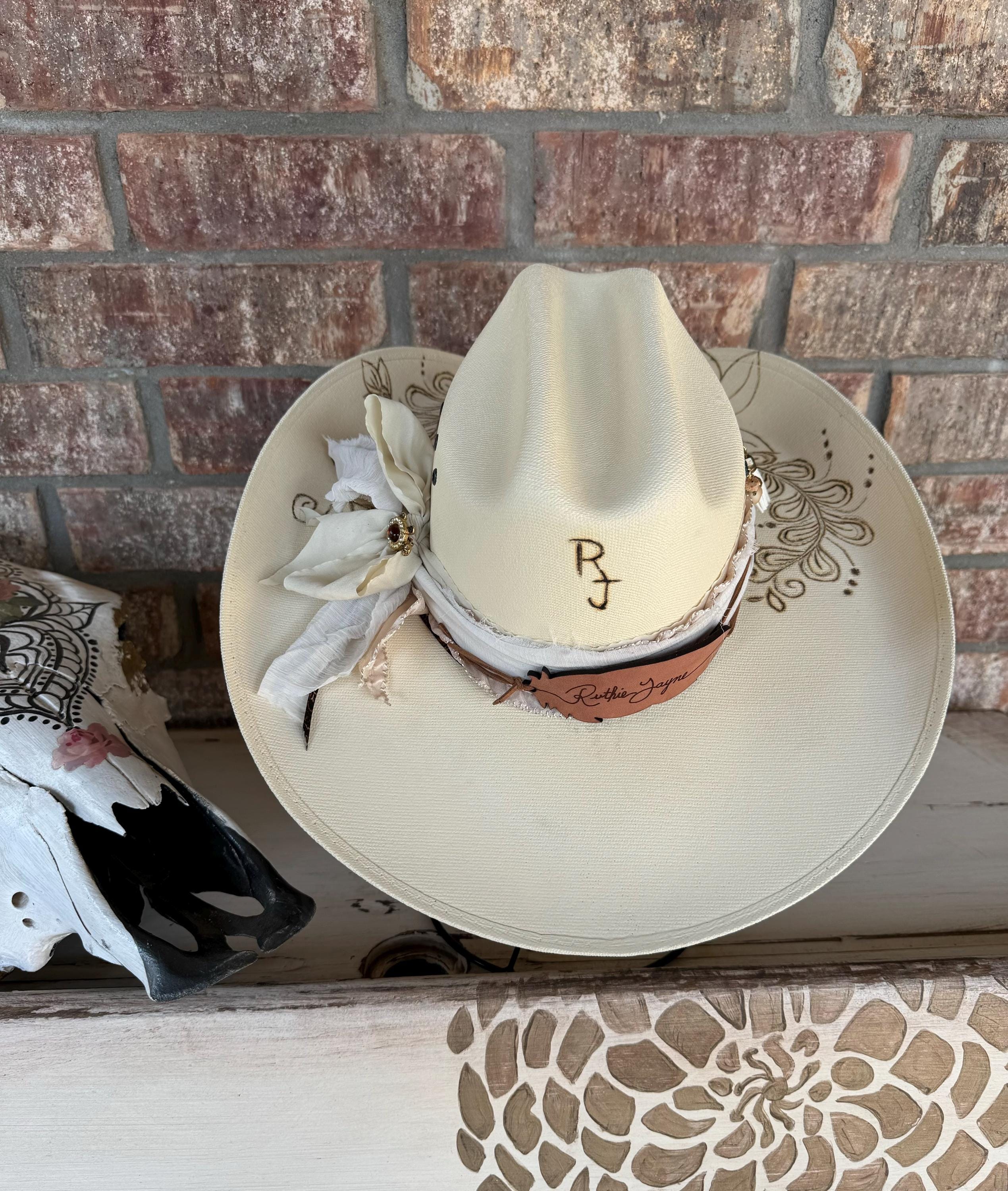Illuma Womens Western Cowboy Hat Ivory White Silver Floral Embroidery OS NWT Ivory Rodeo Straw Cowboy Hat: Burned Floral, Freehand Design  main image 4