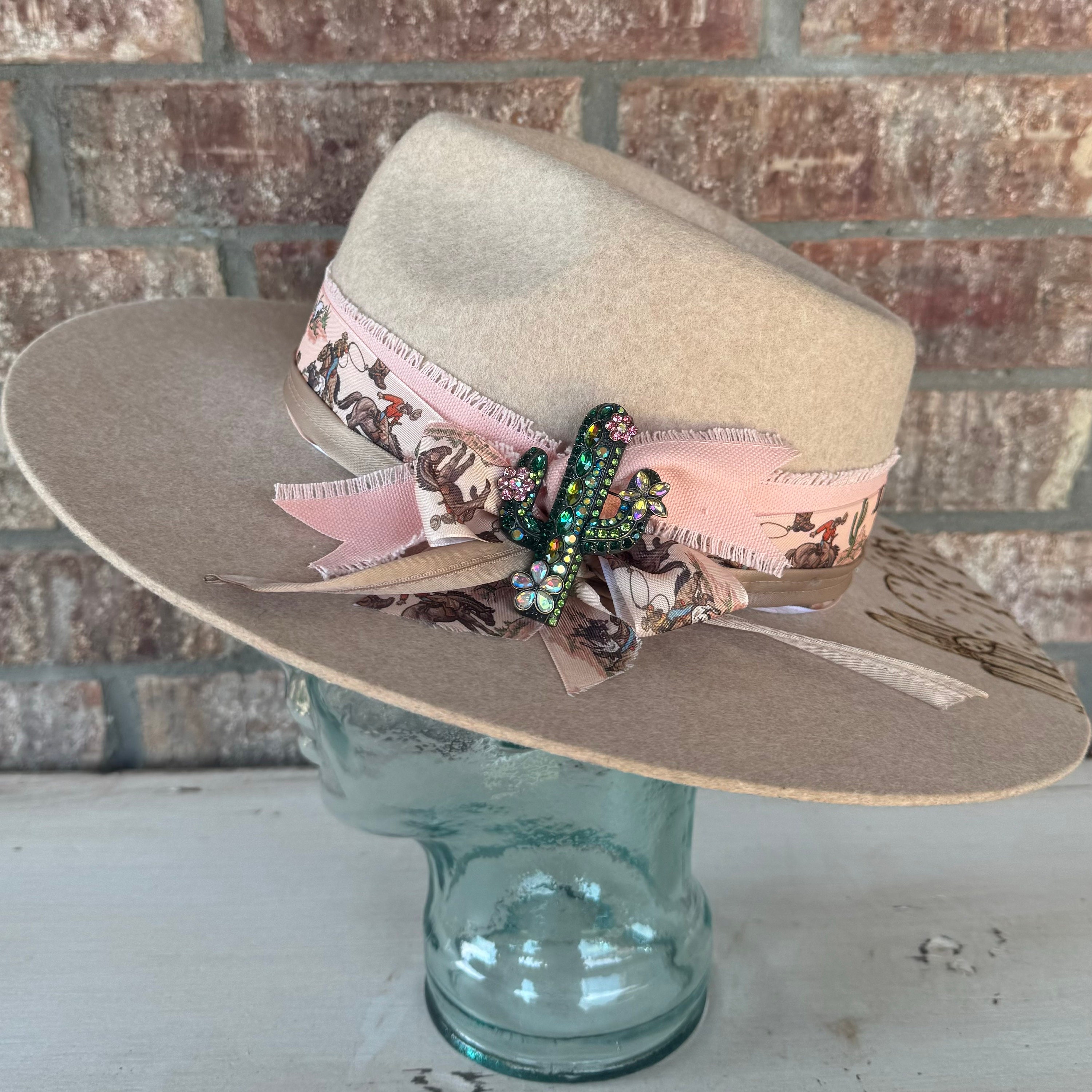 Burned Fedora Hat: Beige Flat Brim. Freehand Cactus Design 