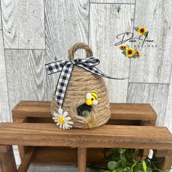 Mini Bee Skep, Tiered Tree Decor, Bee Decor, Farmhouse Decor, Spring Tiered Tray, Summer Bee Decor, Bees and Daisies, Buffalo Check Ribbon