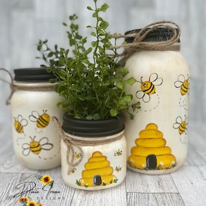 Bee Mason Jars, Bee Skep Quart Jar, Bee Pint Jar, Bee Half Pint Jar, Cute Bee, Bee Decor, Bee Tiered Tray, Summer Decor, Spring Bee Decor