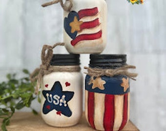 Conjunto de três potes de vidro mini americana, bandeja em camadas de bandeira, decoração de fazenda, mini potes, bandeja em camadas de verão, decoração patriótica, decoração de verão