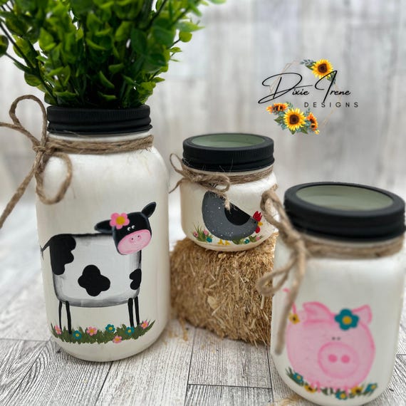 Farm Animal Mason Jars, Cow Quart Jar, Pig Pint Jar, Chicken Half
