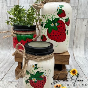 Strawberry Jars, Cute Strawberry Mason Jar, Quart, Pint, Half-pint, Hand painted, Handmade, Summer, Strawberry Kitchen Set, Strawberry Vase